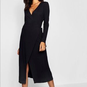 Boohoo Tall Ribbed Jersey Wraparound Black Dress with Long Sleeves, Size 10, NWT
